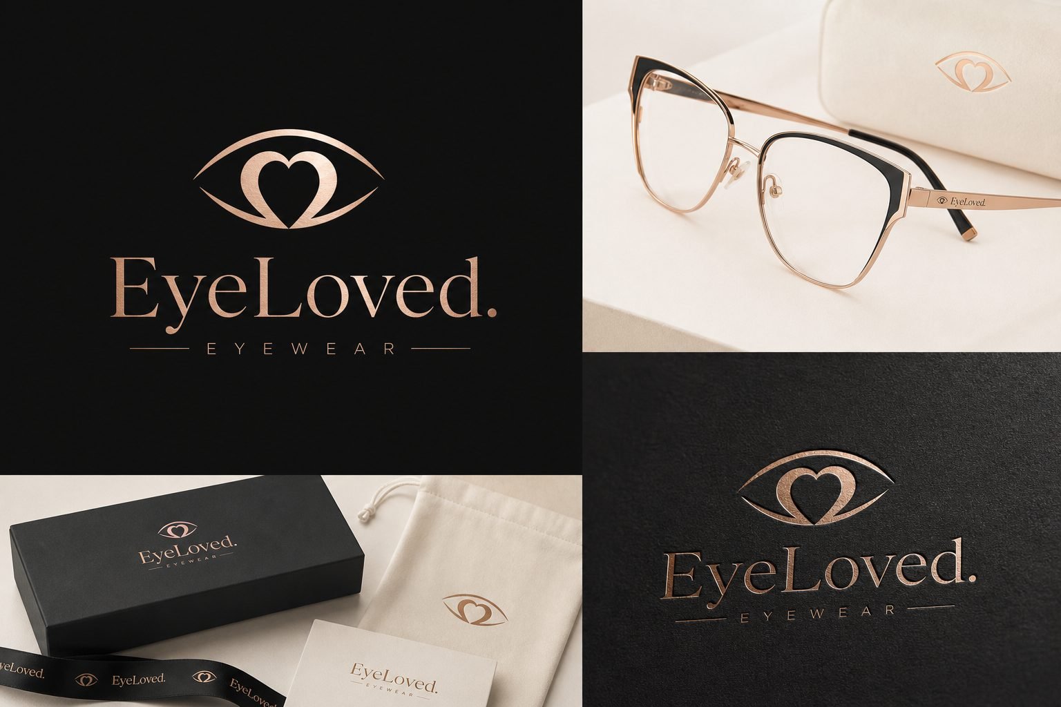 EyeLoved brand board: rose gold eye-heart mark on black with packaging